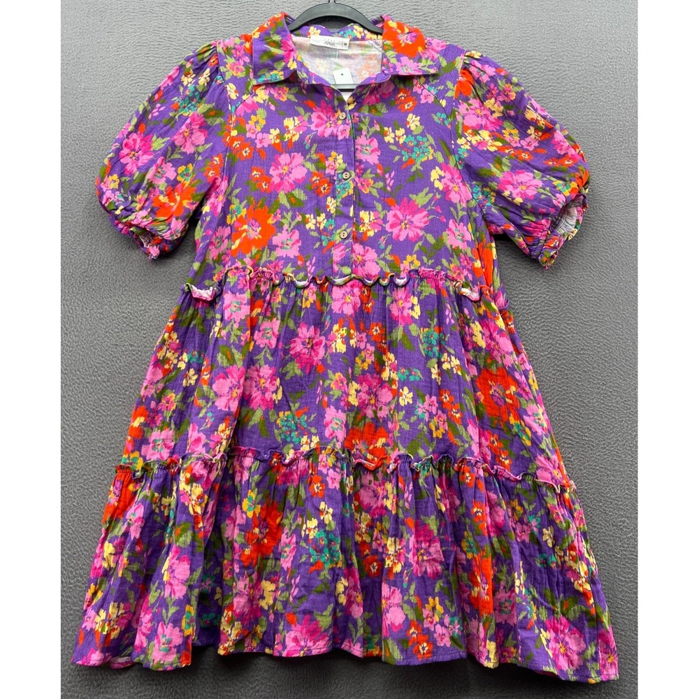 Talulah Dress Women's Medium Purple Floral Cotton Tier Mini Puff Sleeve Pockets